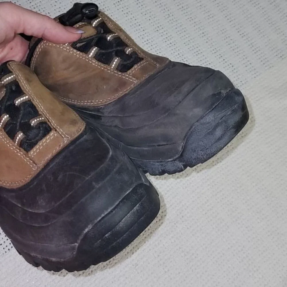 Lands End Mens Waterproof Duck Boots Brown Black Leather Low Top Toggle Shoes